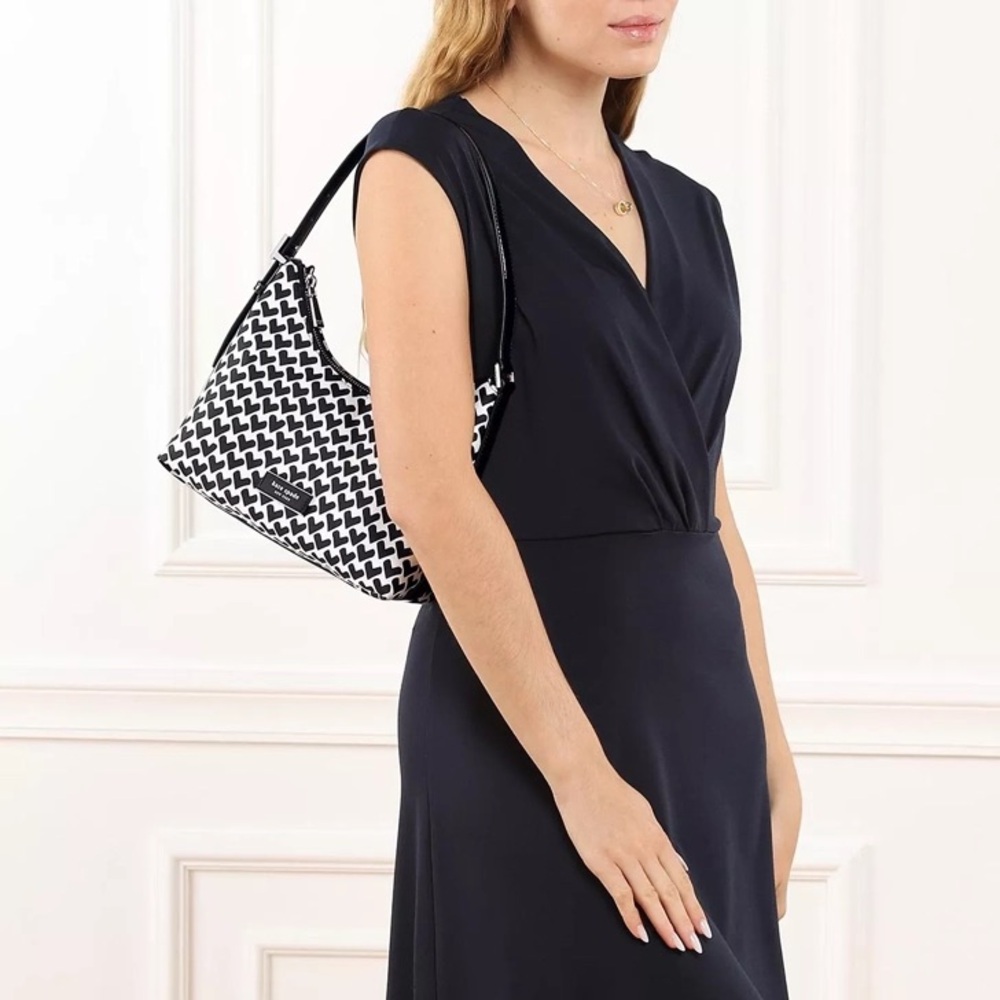 #63. Kate Spade Sam Icon Modernist Hearts Jacquard Shoulder Bag, Cream Black,NWT - Picture 4 of 15